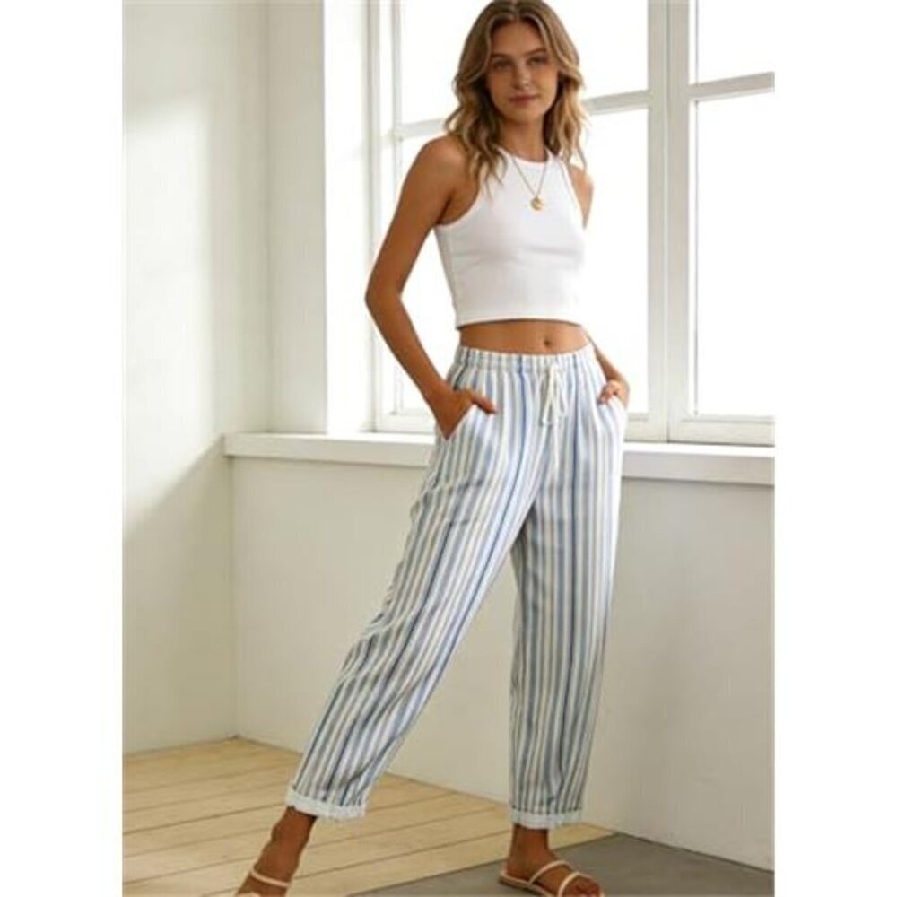 Striped Harem Pants Women Linen Drawstring Casual Summer